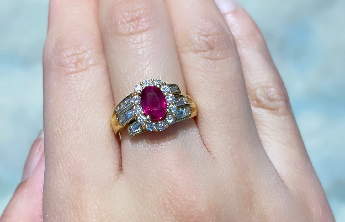 Ruby ring with baguette and brilliant cut diamonds-engagement rings-The Antique Ring Shop