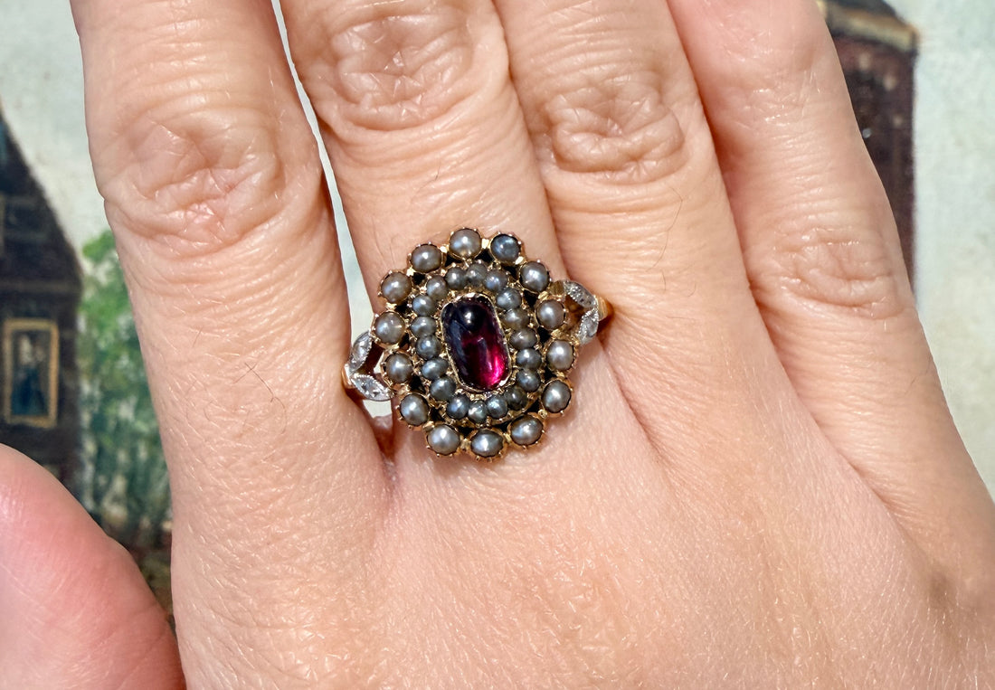 Tourmaline pearl and rose diamond ring