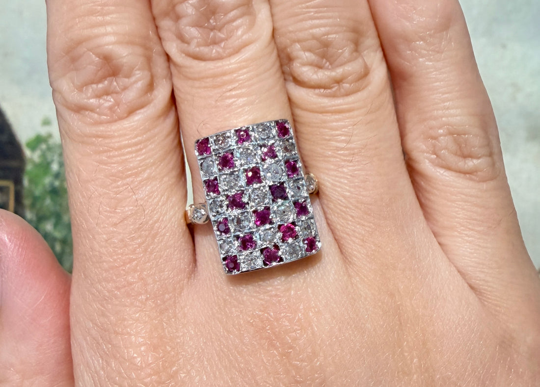 Art Deco ruby and diamond checker board ring