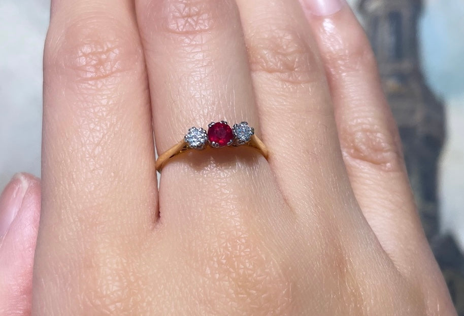 Ruby and diamond three stone ring-engagement rings-The Antique Ring Shop
