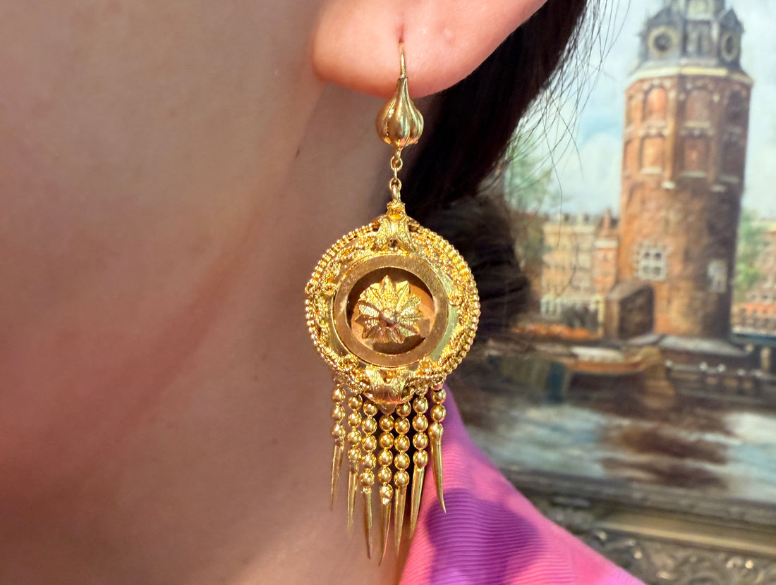 Victorian gold plated Etruscan style earrings-Earrings-The Antique Ring Shop