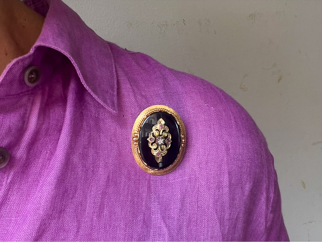 Antique gold pendant or brooch with onyx, a rose diamond and rubies in silver-Pendants-The Antique Ring Shop
