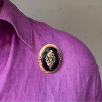 Antique gold pendant or brooch with onyx, a rose diamond and rubies in silver-Pendants-The Antique Ring Shop