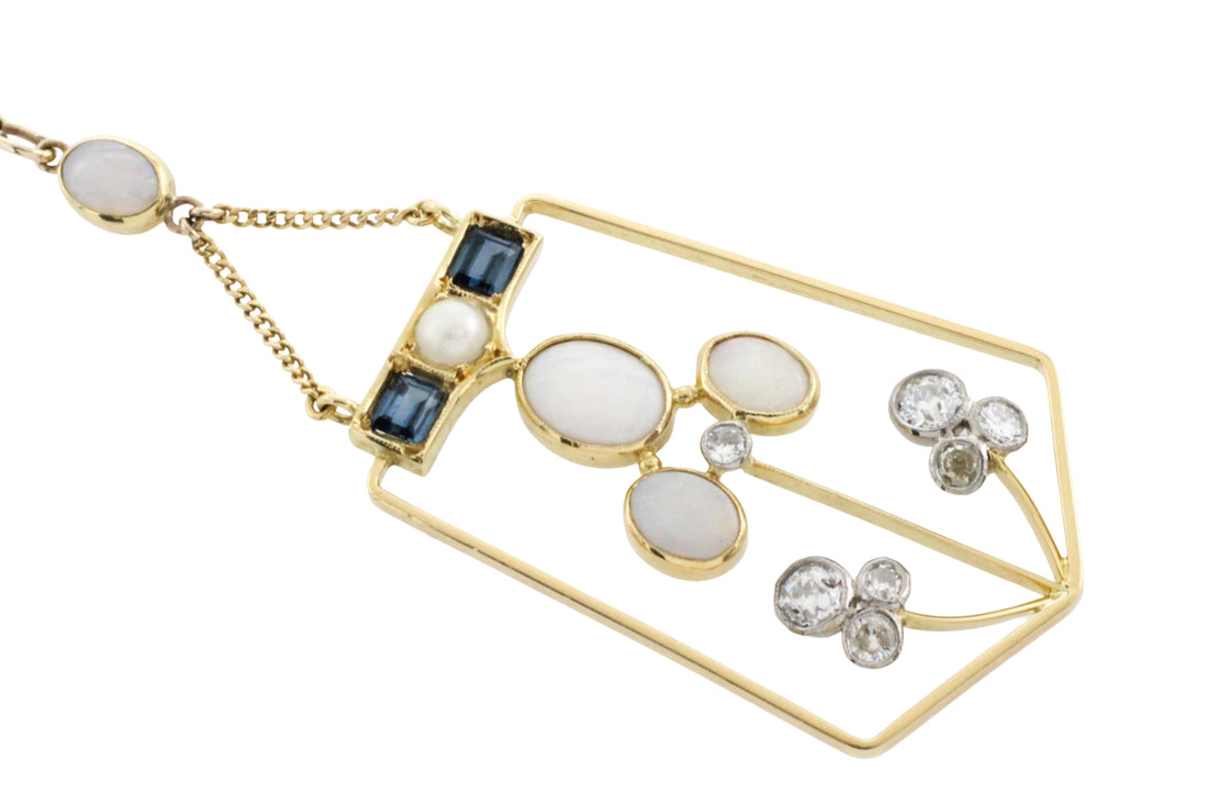Edwardian diamond, opal, sapphire and pearl pendant-Pendants-The Antique Ring Shop