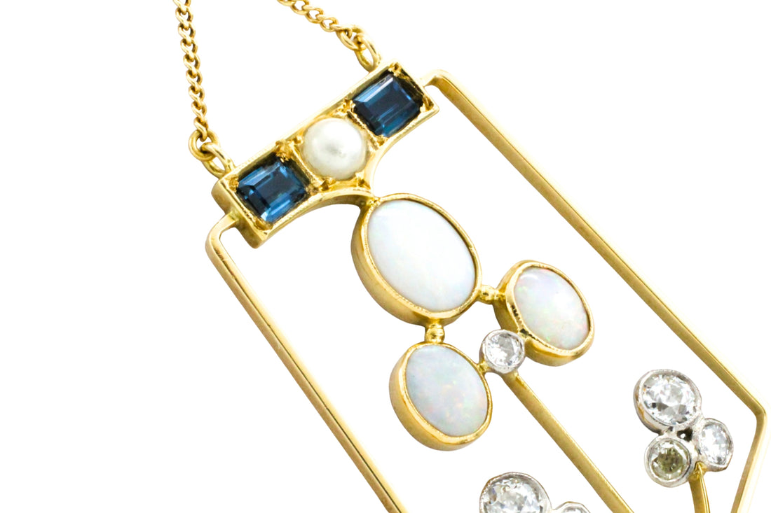 Edwardian diamond, opal, sapphire and pearl pendant-Pendants-The Antique Ring Shop