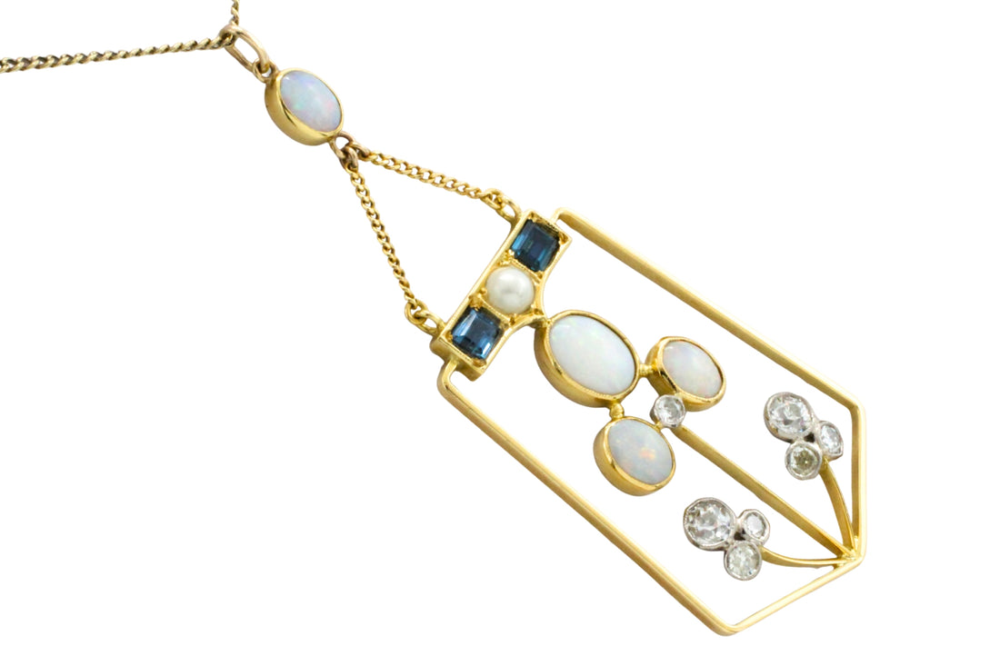 Edwardian diamond, opal, sapphire and pearl pendant-Pendants-The Antique Ring Shop