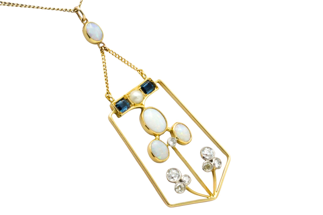 Edwardian diamond, opal, sapphire and pearl pendant-Pendants-The Antique Ring Shop