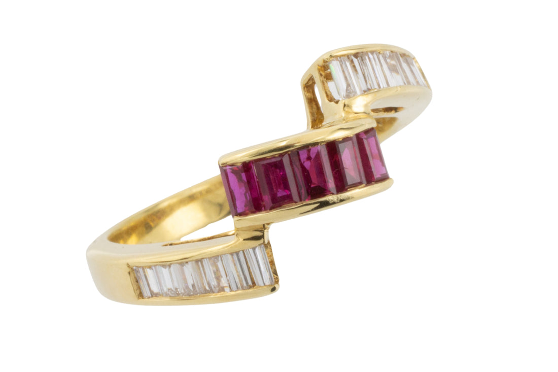 Bageutte ruby and diamond ring in 18 carat gold-vintage rings-The Antique Ring Shop