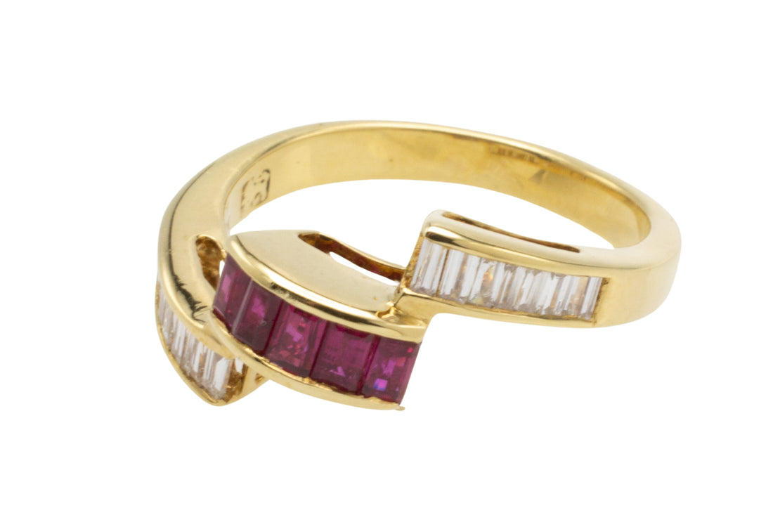 Bageutte ruby and diamond ring in 18 carat gold-vintage rings-The Antique Ring Shop
