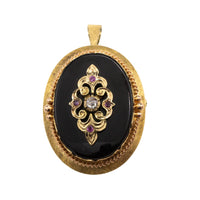 Antique gold pendant or brooch with onyx, a rose diamond and rubies in silver-Pendants-The Antique Ring Shop