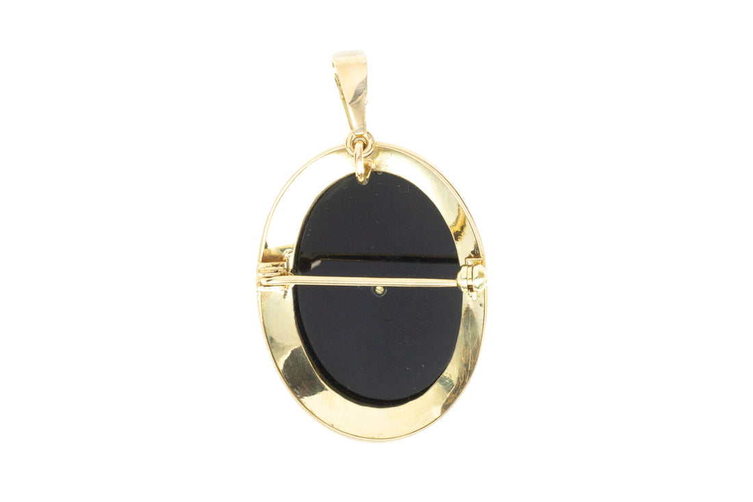 Antique gold pendant or brooch with onyx, a rose diamond and rubies in silver-Pendants-The Antique Ring Shop