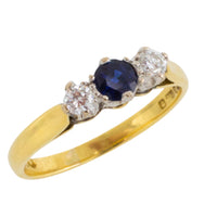 Three stone sapphire and diamond ring in 18 carat gold-engagement rings-The Antique Ring Shop