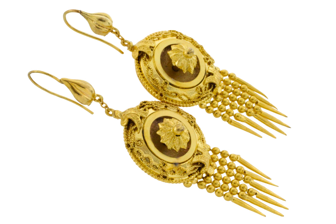 Victorian gold plated Etruscan style earrings-Earrings-The Antique Ring Shop