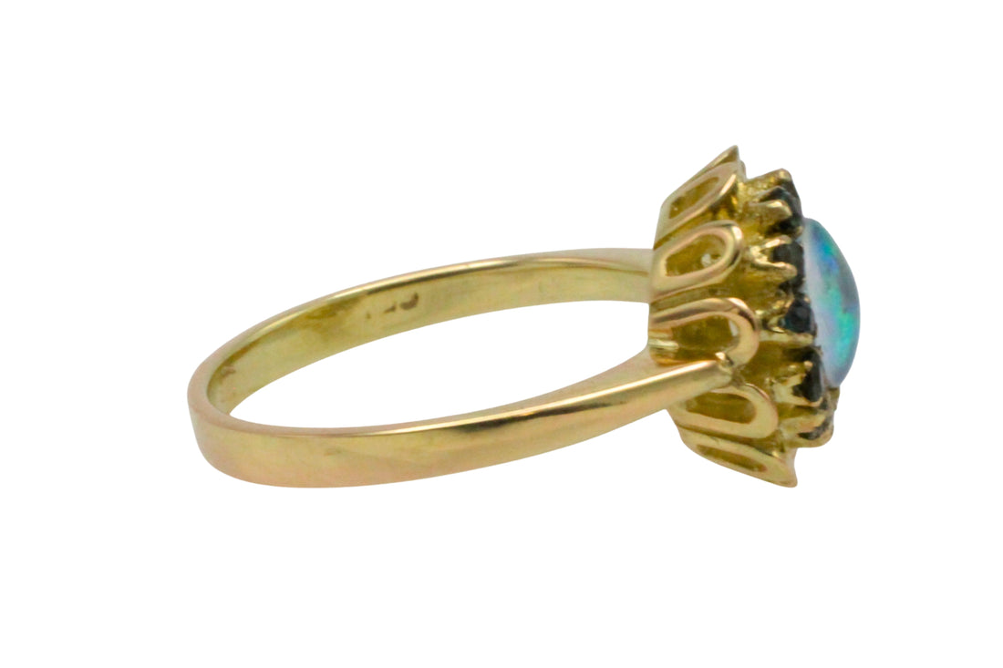 Opal doublet and sapphire cluster ring-Vintage Rings-The Antique Ring Shop