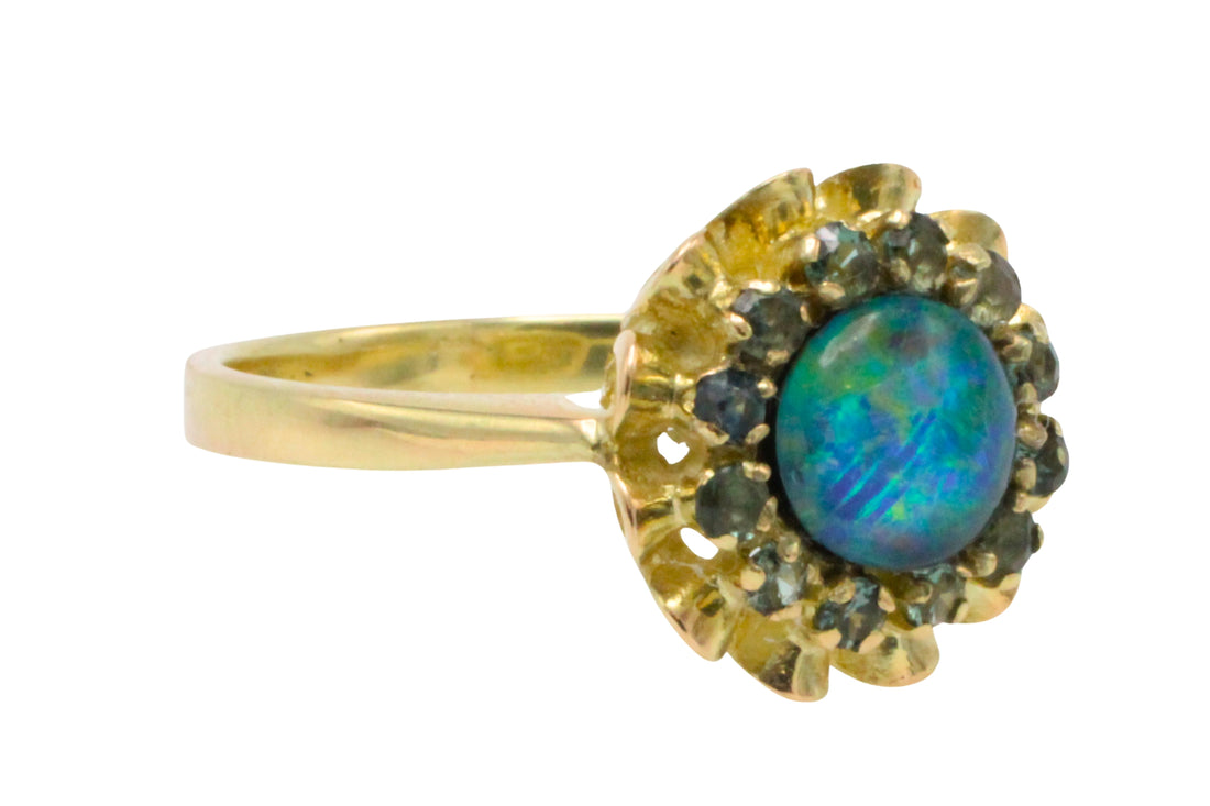 Opal doublet and sapphire cluster ring-Vintage Rings-The Antique Ring Shop