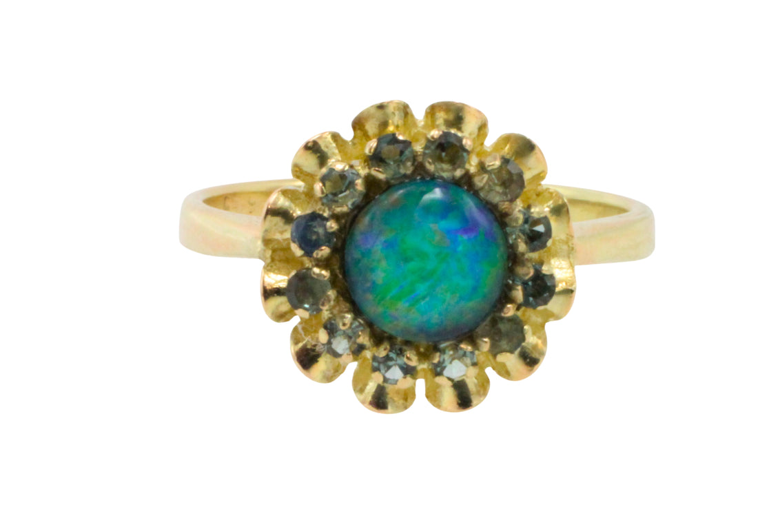 Opal doublet and sapphire cluster ring-Vintage Rings-The Antique Ring Shop