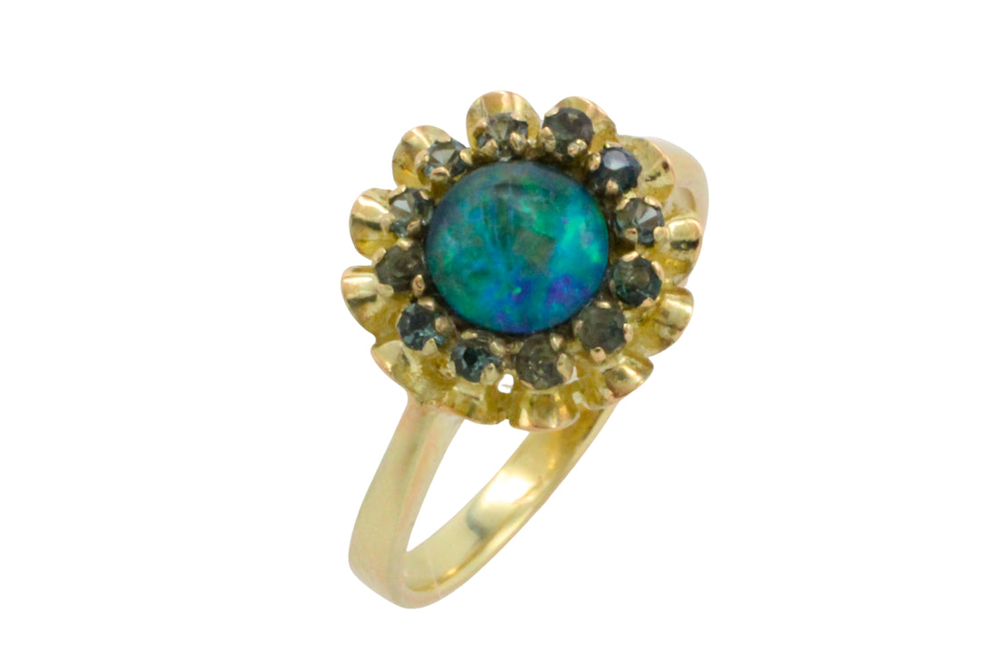 Opal doublet and sapphire cluster ring-Vintage Rings-The Antique Ring Shop
