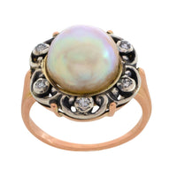 Pearl and single cut diamond ring in silver and gold-Antique rings-The Antique Ring Shop