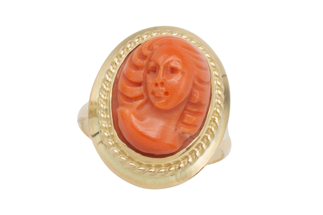 Coral cameo ring in 14 carat gold-vintage rings-The Antique Ring Shop