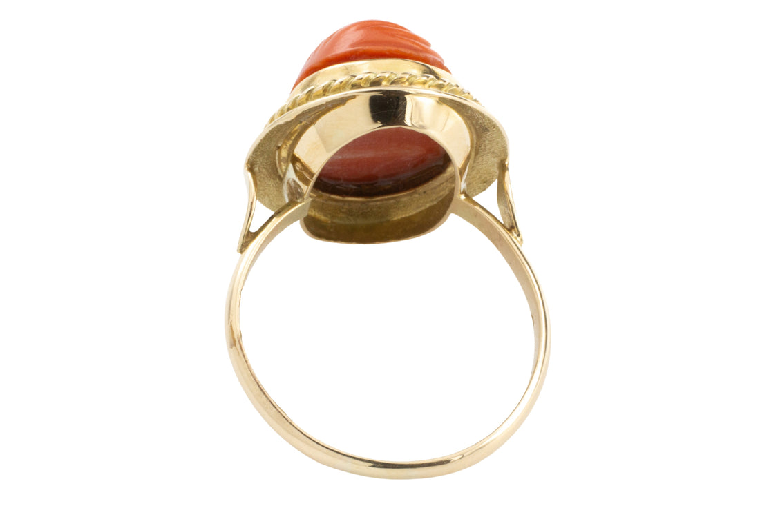 Coral cameo ring in 14 carat gold-vintage rings-The Antique Ring Shop