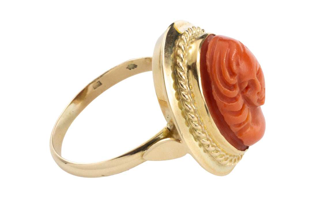 Coral cameo ring in 14 carat gold-vintage rings-The Antique Ring Shop