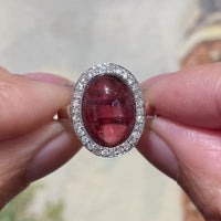 Cabochon pink tourmaline and diamond ring in white gold