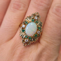 Opal emerald and diamond marquise ring