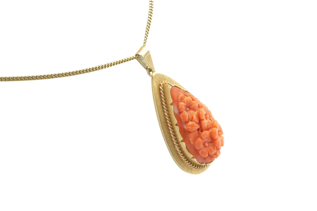 Carved coral pendant in 14 carat gold-Pendants-The Antique Ring Shop