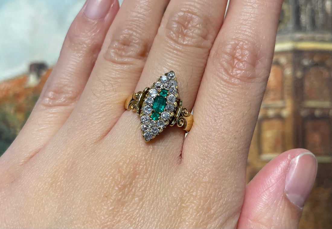 Emerald and diamond marquise ring from 1890-Antique rings-The Antique Ring Shop