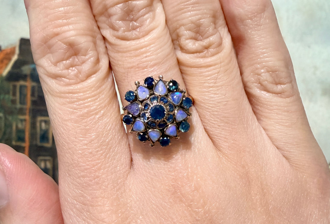 Vintage sapphire and moonstone turban ring-Vintage Rings-The Antique Ring Shop