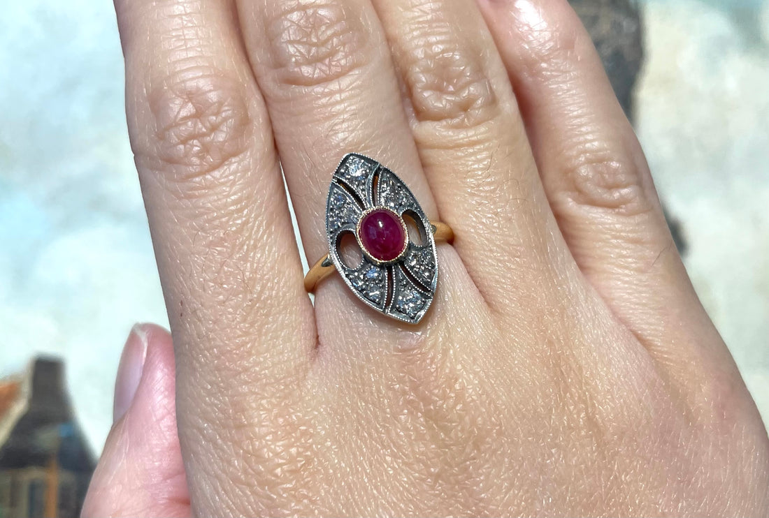 Vintage cabochon ruby and diamond marquise shaped ring-Vintage Rings-The Antique Ring Shop