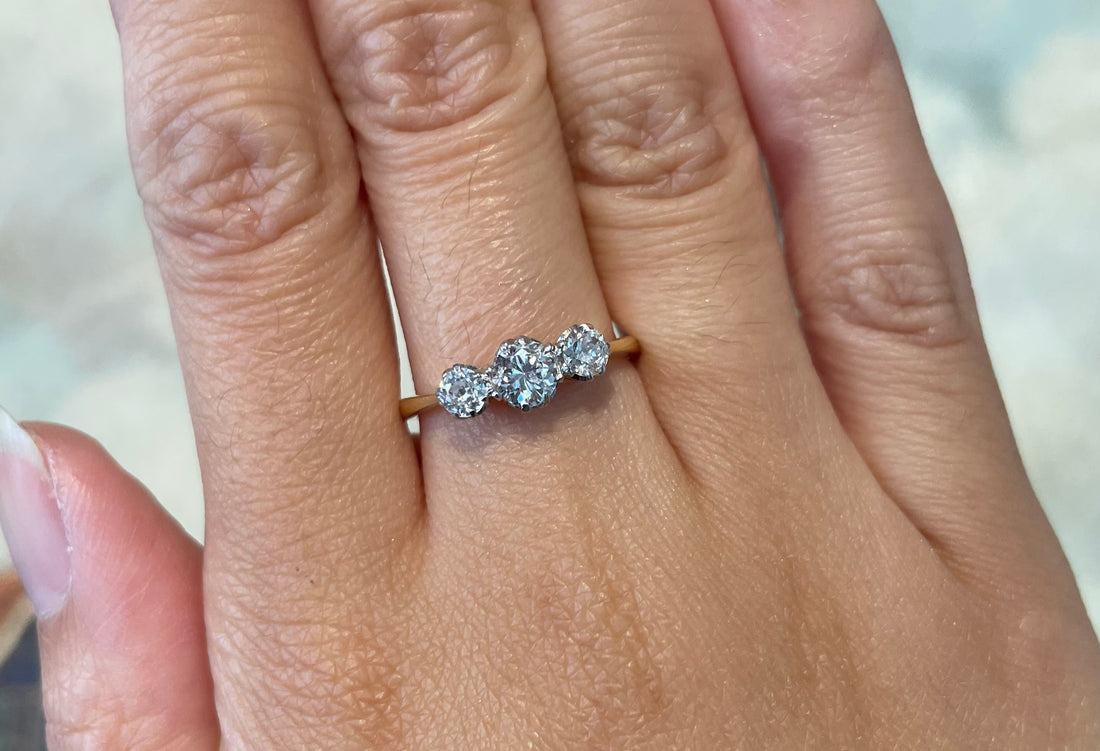 Three stone diamond ring in 18 carat gold-engagement rings-The Antique Ring Shop