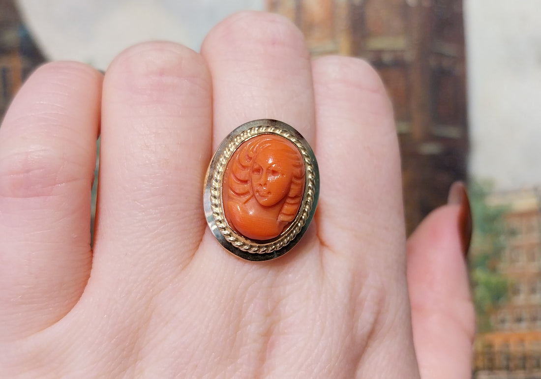 Coral cameo ring in 14 carat gold-vintage rings-The Antique Ring Shop