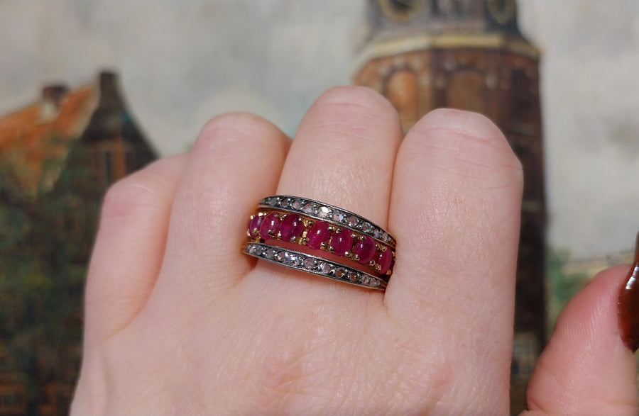 Sapphire and ruby flip ring with rose diamonds-Antique rings-The Antique Ring Shop