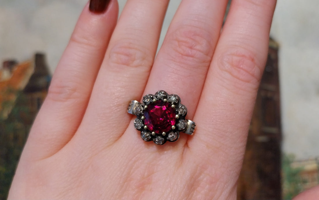 Rhodolite garnet and diamond cluster ring in silver and gold-vintage rings-The Antique Ring Shop