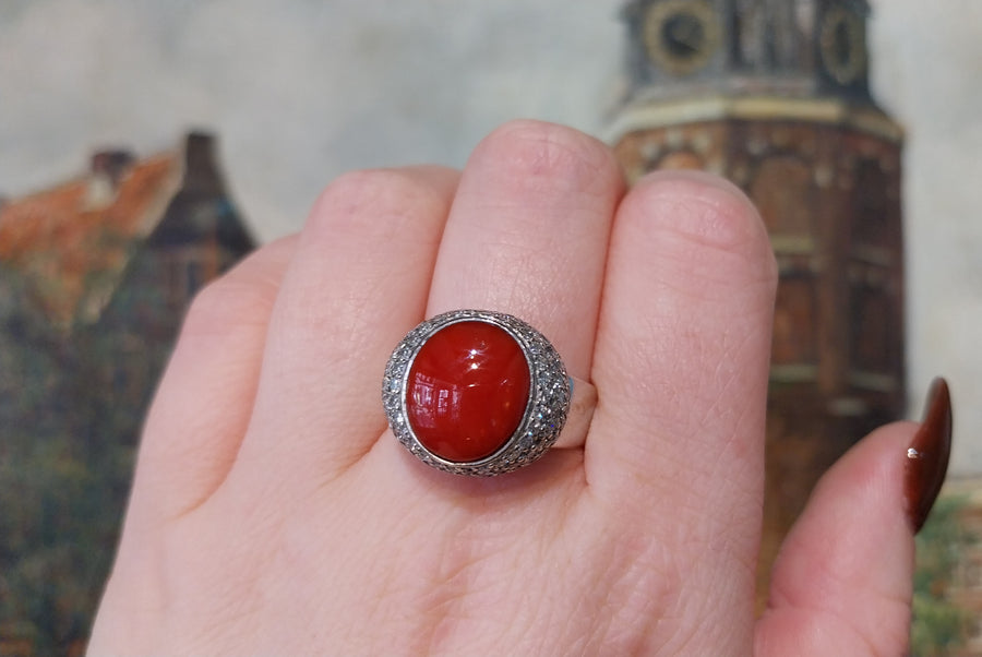 18 carat white gold cabochon ring with diamonds-Vintage & retro rings-The Antique Ring Shop