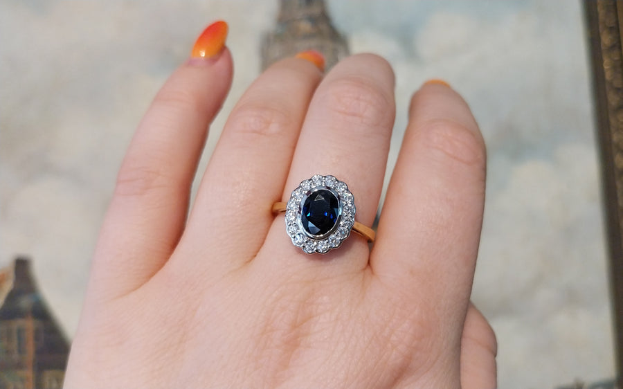 Sapphire and diamond ring in white and yellow gold-engagement rings-The Antique Ring Shop