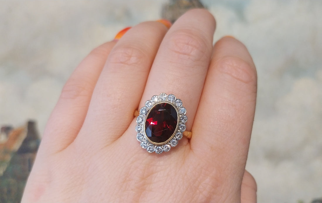 Vintage 18 carat garnet and diamond ring-Vintage Rings-The Antique Ring Shop