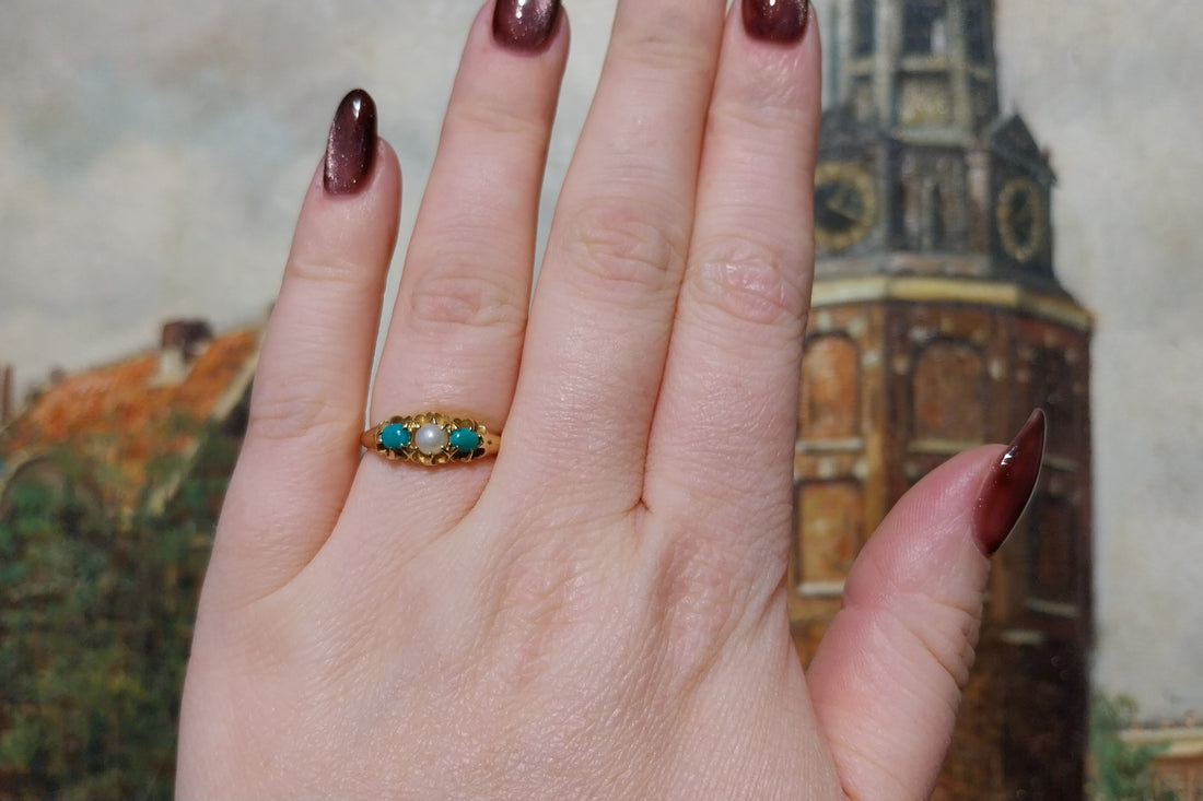 Victorian turquoise and pearl ring in 18 carat gold-Antique rings-The Antique Ring Shop