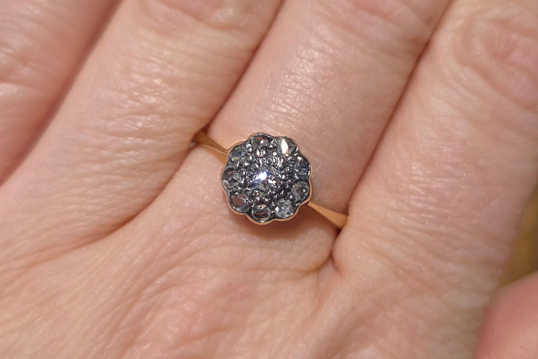 Edwardian old cut and rose cut diamond cluster ring