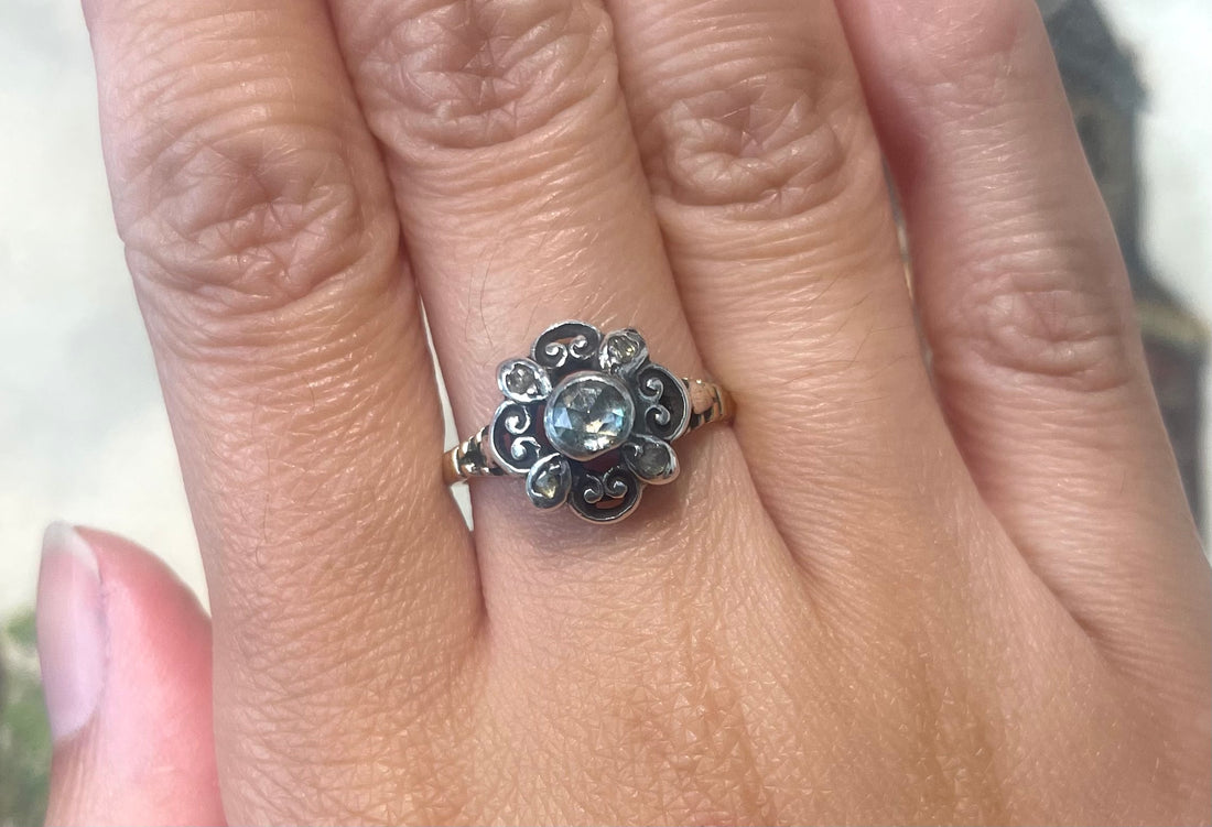 Rose diamond ring in silver and 14 carat gold-Vintage Rings-The Antique Ring Shop