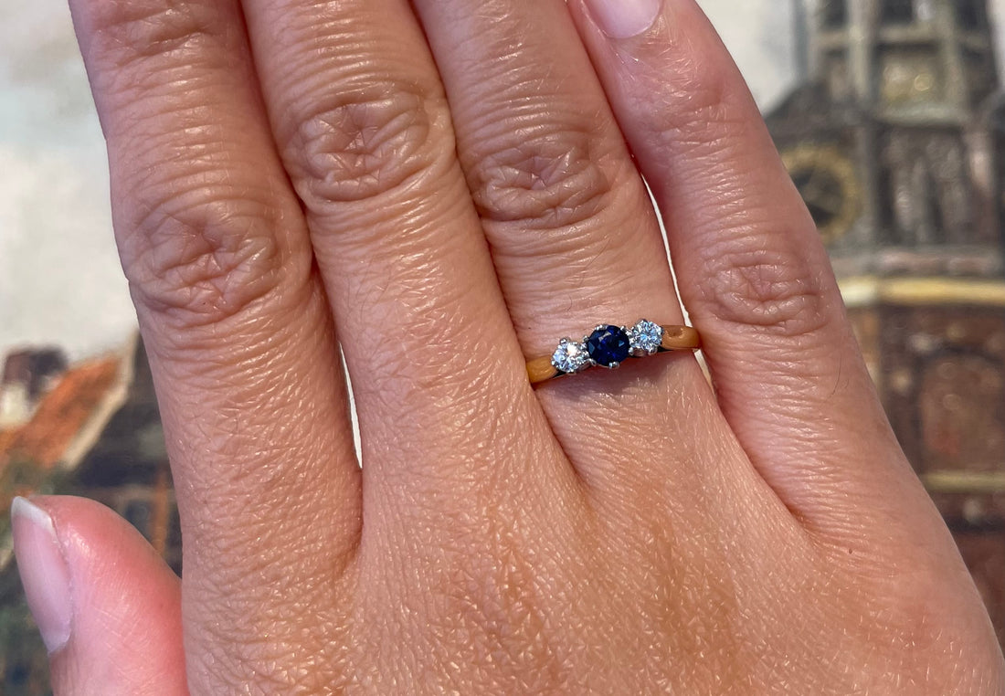 Three stone sapphire and diamond ring in 18 carat gold-engagement rings-The Antique Ring Shop