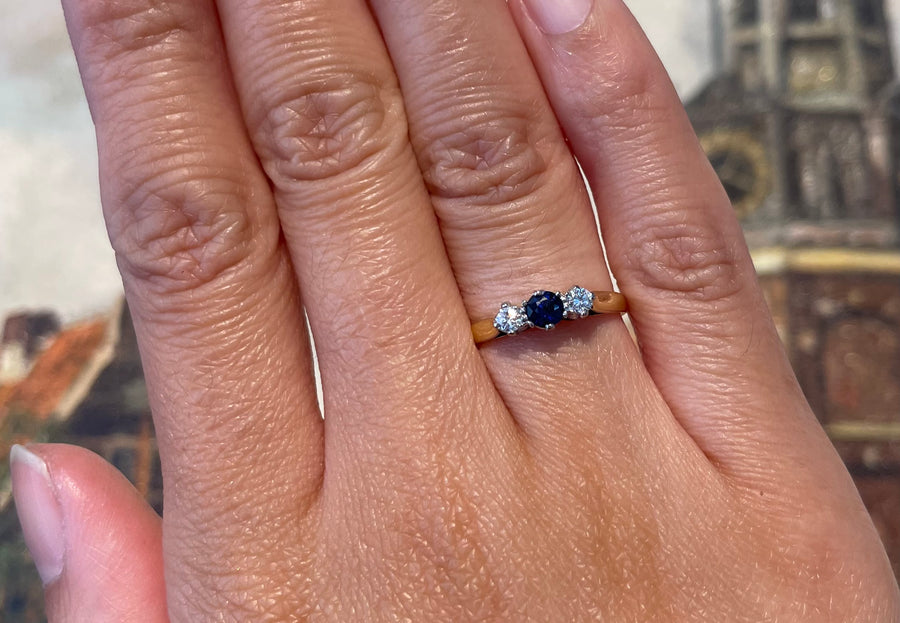 Three stone sapphire and diamond ring in 18 carat gold-engagement rings-The Antique Ring Shop