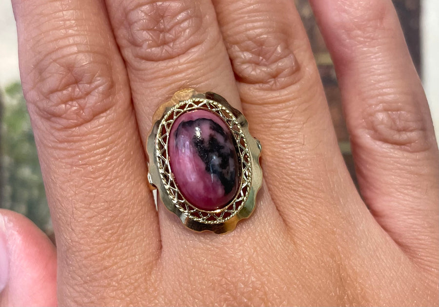 Rhodochrosite ring in 14 carat gold-Vintage Rings-The Antique Ring Shop