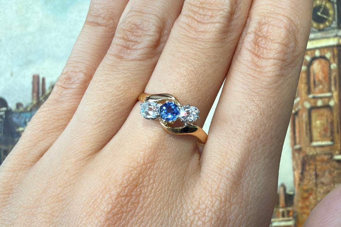 Victorian sapphire and old cut diamond swirl ring