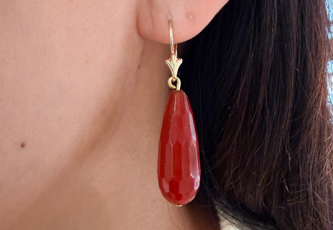 Carnelian pendant earrings in 14 carat gold-Earrings-The Antique Ring Shop