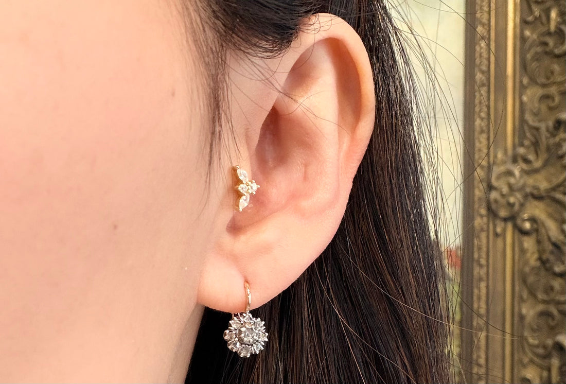 Vintage rose diamond earrings in silver and gold-Earrings-The Antique Ring Shop