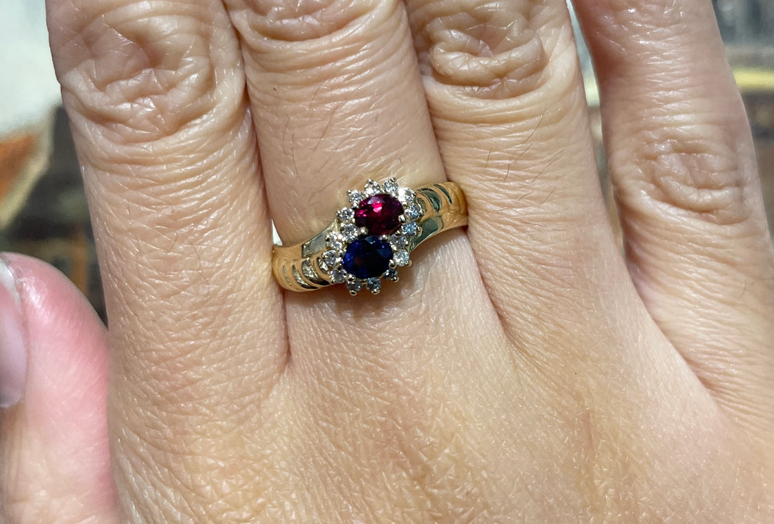 Ruby and sapphire double cluster ring-Vintage Rings-The Antique Ring Shop