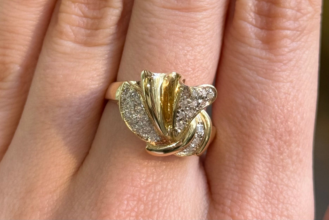 Diamond bow ring in 14 carat gold-Vintage Rings-The Antique Ring Shop
