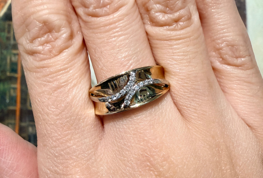 14 carat yellow and white gold ring with diamonds-Vintage Rings-The Antique Ring Shop